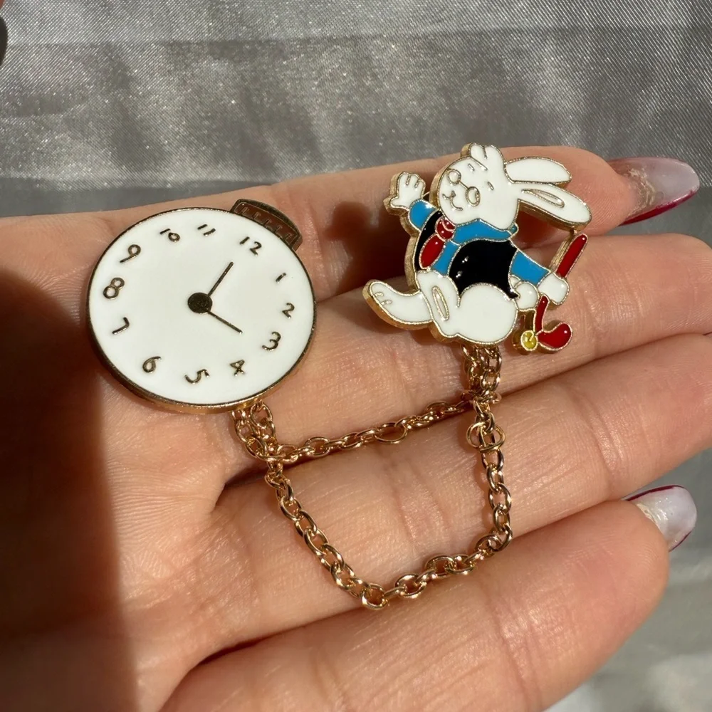 Cute Rabbit & Clock Chain Brooch – Alice in Wonderland Enamel Pin Set